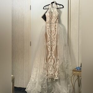 Tiffany Designs White Lace Ivory-Nude Prom Gown
